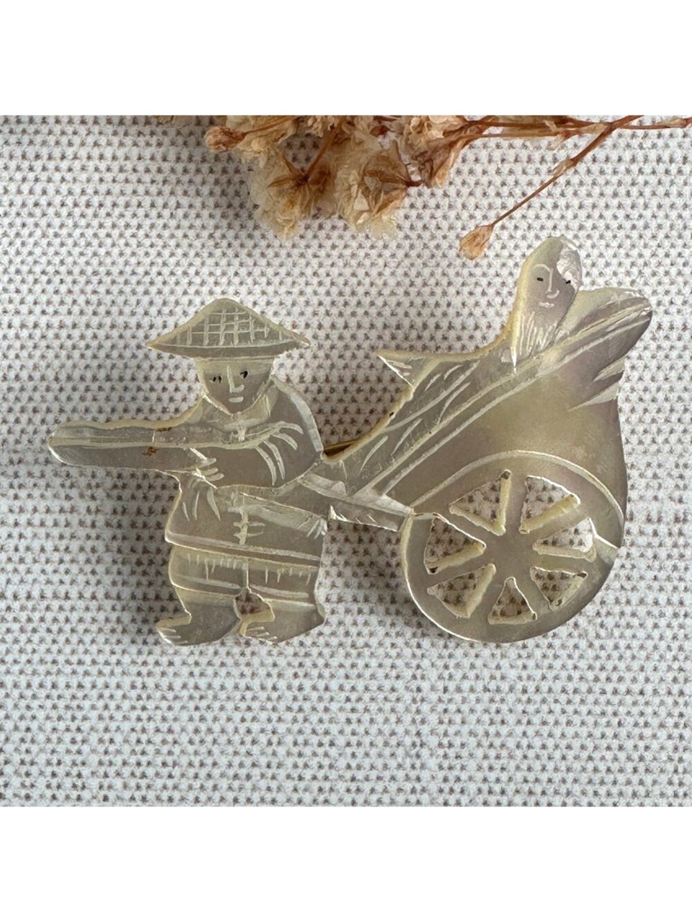 Vintage Mother of Pearl Brooch Chinese Rickshaw Driver & Cart Pin 1.75" X 1.5"